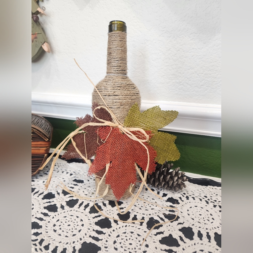 Harvest Bottle Rustic Twine-Wrapped Bottle with Burlap Leaves